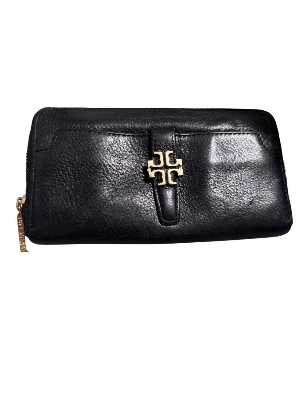 Tory Burch Charlie Zip Continental Wallet Black Leather Gold Logo